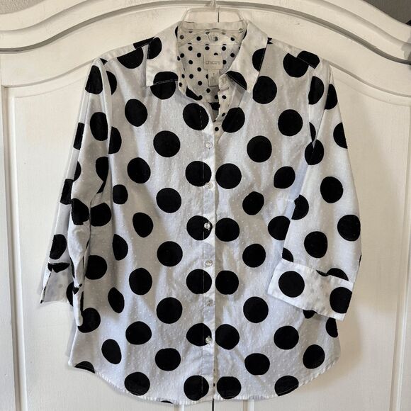 Chico's Black and White Polka Dot‎ Mixed Print Blouse, Size Medium - Picture 2 of 8